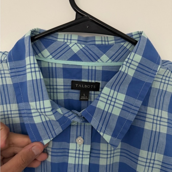 Talbots Blouse Womens Large Button Up Blue Plaid Long Sleeve Shirt 100% Cotton - Picture 3 of 6